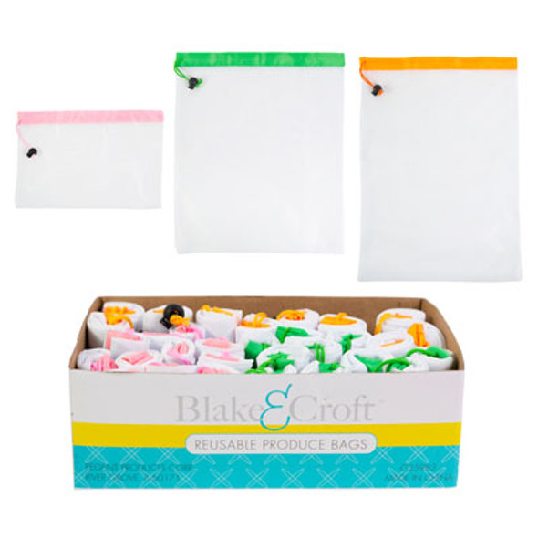 PRODUCE BAG ECOFRIENDLY WASHABLE TERYLENE 36-PC 3-ASSORTED SIZES & COLORS SLEEVE CARD COUNTER DISPLAY