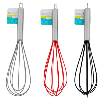 WHISK SILICONE 11IN l W/SS TUBULAR HANDLE & HOOK 3AST CLRS B&C TCD RED/BLACK/GREY