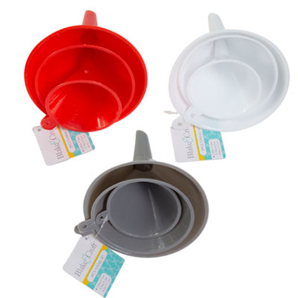 FUNNEL 3PC/SIZE PLASTIC 3AST COLORS/B&C HANG TAG GREY-WHITE-RED FUNNEL 3PC/SIZE PLASTIC 3AST COLORS/B&C HANG TAG GREY-WHITE-RED