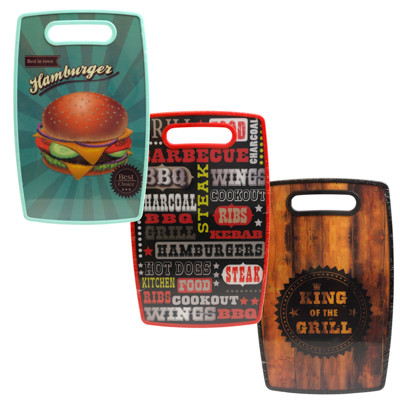 CUTTING BOARD BBQ PRINTS 3AST 9 X 14.5IN UPC LABEL