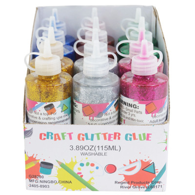 GLITTER GLUE 3.89 OZ(115ML)SQUEEZE BOTTLE 6AST CLR/12PC PDQ WASHABLE