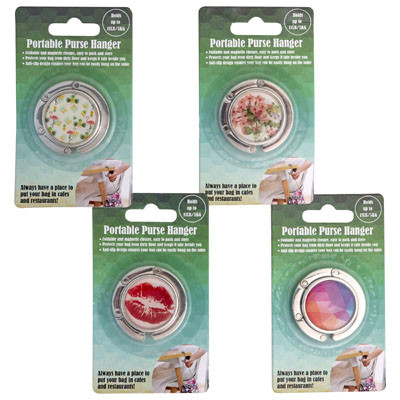 PURSE HANGER 12PC PORTABLE SWIVEL TOP FOR TABLE/BAR 4 ASSORTED HOLDS 11LB/BLISTERCARD ON MERCH STRIP