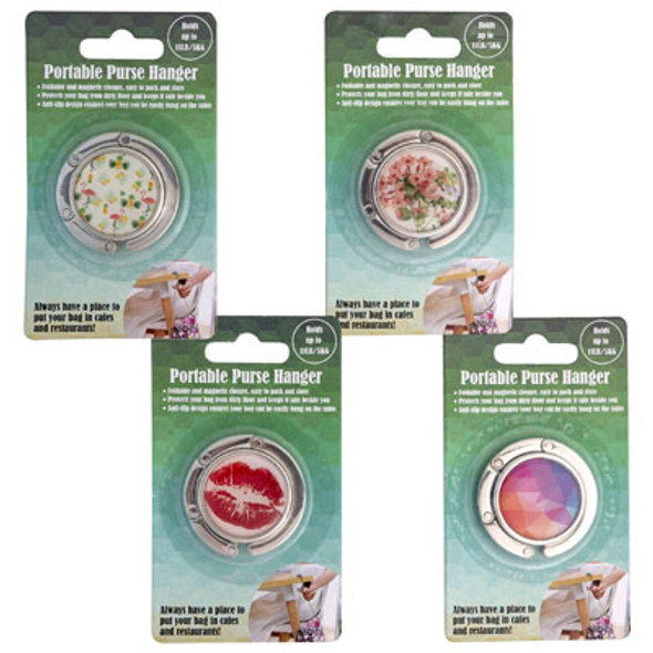 PURSE HANGER 12PC PORTABLE SWIVEL TOP FOR TABLE/BAR 4 ASSORTED HOLDS 11LB/BLISTERCARD ON MERCH STRIP