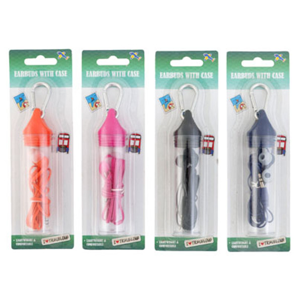EARBUDS TRAVEL W/CARRY CASE & CARABINER CLIP 4AST CLRS BLC 48IN CORD/3.5MM JACK EARBUDS TRAVEL W/CARRY CASE & CARABINER CLIP 4AST CLRS BLC 48IN CORD/3.5MM JACK
