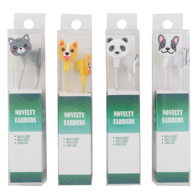 EARBUDS NOVELTY ANIMAL 4AST 2-DOG/CAT/PANDA PVC BOX W/INSERT 48IN CORD/3.5MM JACK