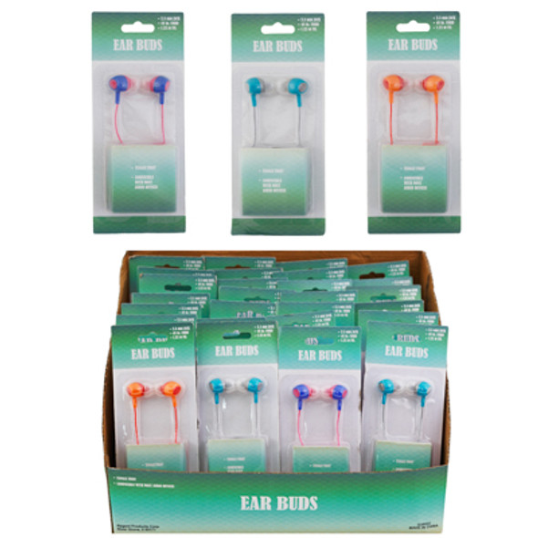 EARBUDS 36-PC 3-ASSORTED 2-TONE COLORS BLISTERCARD 3.5MM JACK, 48-IN CORD COUNTER DISPLAY