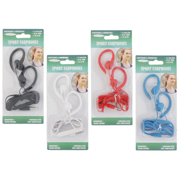 EARBUDS SPORT OVER THE EAR 4AST W/MICROPHONE & VOLUME CONTROL 3.5MM JACK/48IN CORD BLC EARBUDS SPORT OVER THE EAR 4AST W/MICROPHONE & VOLUME CONTROL 3.5MM JACK/48IN CORD BLC
