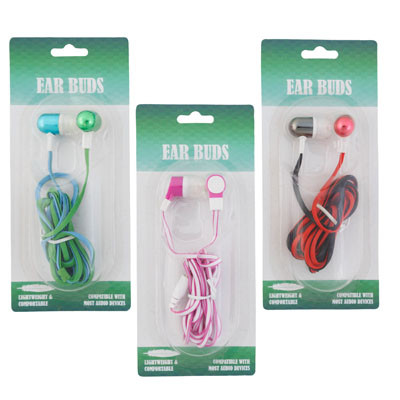 EARBUDS 3.5MM AUDIO JACK 48IN CORD 2-TONE 3AST COLORS COMPATIBLE W/MOST DEVICES BLISTERCARD
