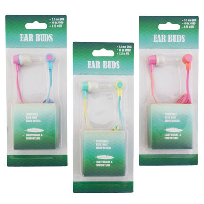 EARBUDS 3.5MM JACK/48IN CORD HANDSFREE 3AST 2-TONE COLORS BLISTERCARD