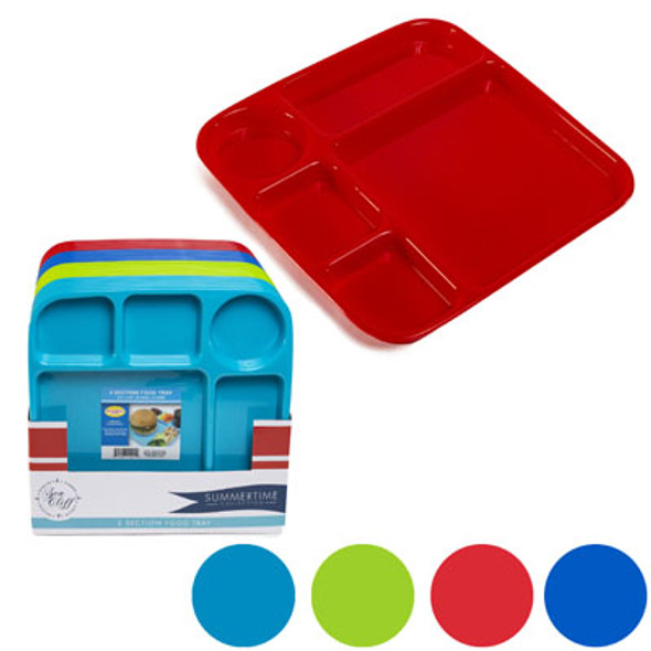 FOOD TRAY 5 SECTION PLASTIC 9.4X9.4IN 4AST CLRS 24PC PDQ