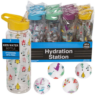 WATER BOTTLE KIDS 27OZ PLASTIC W/STRAW 4AST PRINTS W/TRAY DSPLY HT/7.5IN BOTTLE SIZE