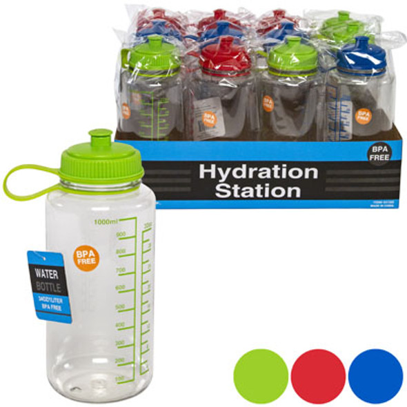 WATER BOTTLE 1LITER PLASTIC W/MEASURE 3AST CLR IN TRAY DSPLY HT/7IN BOTTLE SIZE WATER BOTTLE 1LITER PLASTIC W/MEASURE 3AST CLR IN TRAY DSPLY HT/7IN BOTTLE SIZE