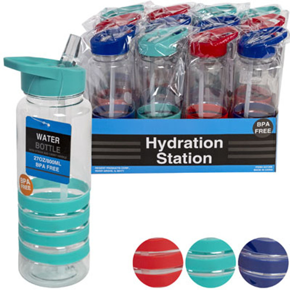 WATER BOTTLE PLASTIC W/STRAWS WINGTOP SPOUT ANTI-SKID GRIP 27OZ/HT BPA FREE 3AST CLR/12PC TRAYDISPY WATER BOTTLE PLASTIC W/STRAWS WINGTOP SPOUT ANTI-SKID GRIP 27OZ/HT BPA FREE 3AST CLR/12PC TRAYDISPY