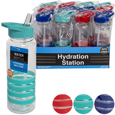 WATER BOTTLE PLASTIC W/STRAWS WINGTOP SPOUT ANTI-SKID GRIP 27OZ/HT BPA FREE 3AST CLR/12PC TRAYDISPY