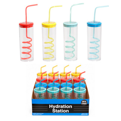 WATER BOTTLE PLASTIC W/STRAWS WINGTOP SPOUT ANTI-SKID GRIP 27OZ/HT BPA FREE 3AST CLR/12PC TRAYDISPY