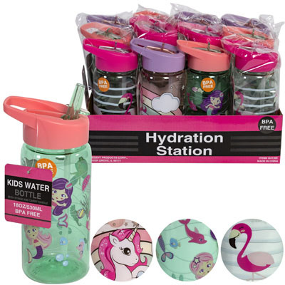 WATER BOTTLE 18OZ SWINGTOP 3AST GIRLS DESIGN PET BPA FREE 12PC TRAY DISPLAY HT