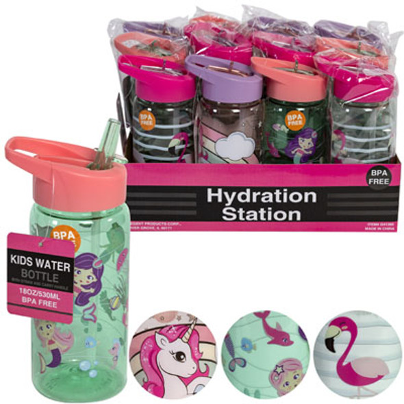 WATER BOTTLE 18OZ SWINGTOP 3AST GIRLS DESIGN PET BPA FREE 12PC TRAY DISPLAY HT