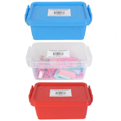 STORAGE CONTAINER PLST STACKING SNAP HANDLE CLOSE CLEAR/RED/BLUE 6.8 X 4.3 X 2.6IN UPC LABEL