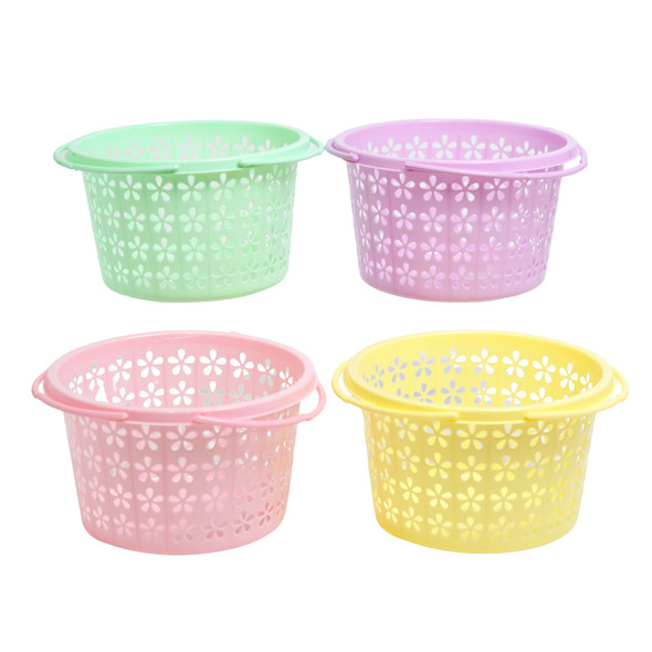 BASKET W/HANDLE ROUND PLASTIC W/DIECUT DAISY 4AST CLRS 8 IN DIA X 5.25IN H/LABEL