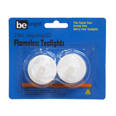 TEALIGHT LED 2PK WHITE W/FLICKER FLAME BE BRIGHT ARTWORK