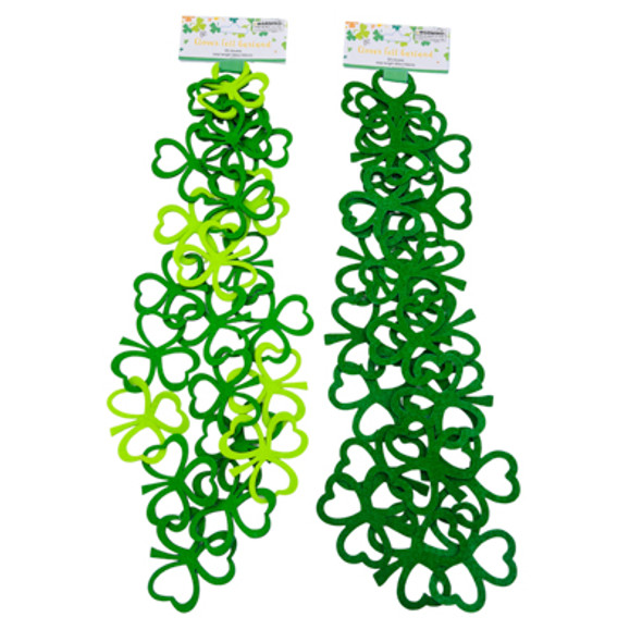 GARLAND DIECUT FELT LINKED SHAMROCKS 59IN L 2AST SOLID GREEN/2TONE STPAT HDR GARLAND DIECUT FELT LINKED SHAMROCKS 59IN L 2AST SOLID GREEN/2TONE STPAT HDR