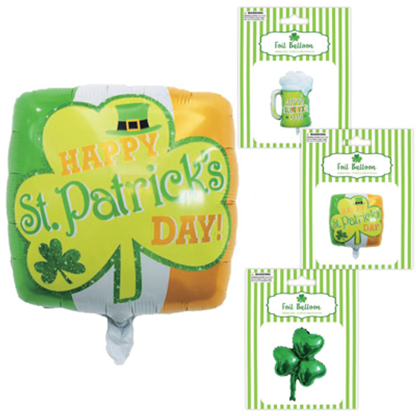 BALLOON FOIL ST PAT 3ASST 12 - 20IN W/STRAW FOR INFLATING PB/INS