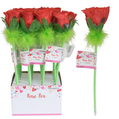 ROSE BALLPOINT PEN 12IN RED W/GREEN FEATHER TRIM/24PC PDQ BARBELL LABEL