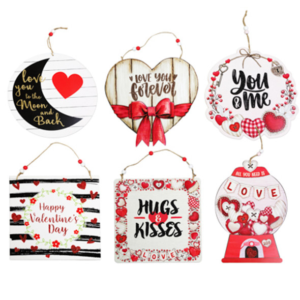 WALL PLAQUE VALENTINE MDF 6AST W/GLITTER VAL UPC LABEL/COMPLY TWINE HANGER/BEADS
