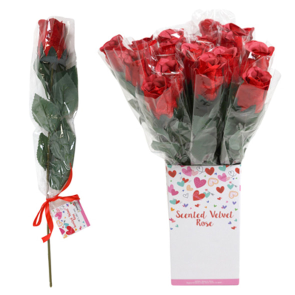 ROSE VELVET SCENTED 18"L RED W/CELLO WRAP/RIBBON/TAG 18PC PDQ