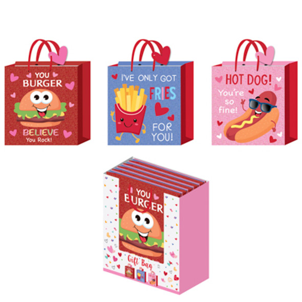 GIFT BAG VALENTINE 3AST W/ALL OVER GLITTER 36PC PDQ 9.6 X 10.375 X 4.125IN BAG SIZE