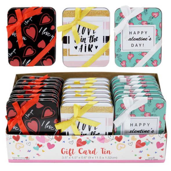 GIFT CARD TIN W/BOW 3AST VALENTINE PRINTS/24PC PDQ
