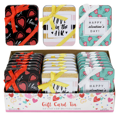 GIFT CARD TIN W/BOW 3AST VALENTINE PRINTS/24PC PDQ