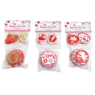 BAKING CUP KIT VALENTINE 3AST 24-2IN CUPS /24PICKS ON 12PC MERCHSTRIP VAL PBH
