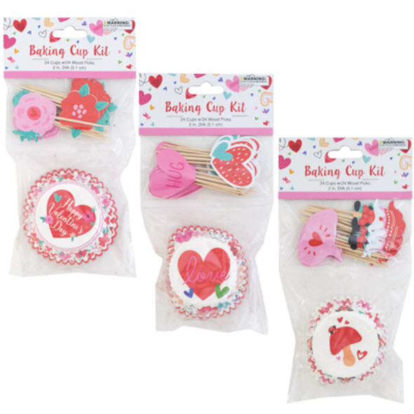 BAKING CUP KIT VALENTINE 3AST 24-2IN CUPS /24PICKS ON 12PC MERCHSTRIP VAL PBH