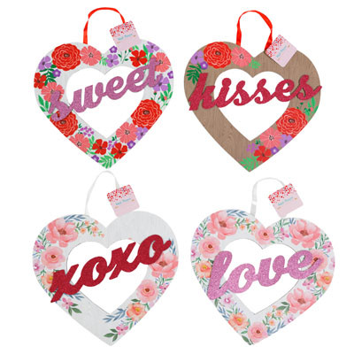 HANGING DECOR VALENTINE PAPERBOARD HEART W/GLITTER GREETING 4AST FLORAL PRINT 11X10.5IN VAL HT