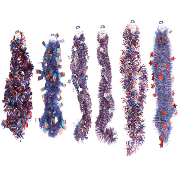 GARLAND TINSEL PATRIOTIC 9FT 6 STYLES PATRIOT BARBELL CARD GARLAND TINSEL PATRIOTIC 9FT 6 STYLES PATRIOT BARBELL CARD