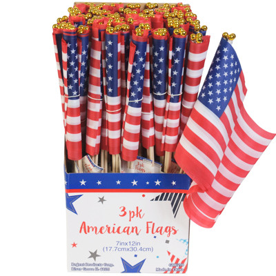 FLAG AMERICAN 72PC 3PK 12X7IN FLAG 15.7IN WOODEN DOWEL PATRIOTIC LABEL COUNTER DISPLAY *NO SALE MINN*