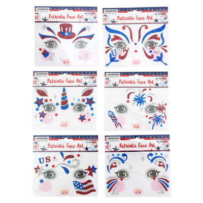 FACE ART SEQUIN DECOR PATRIOTIC 6AST DESIGNS ON 12PC MDSG STRIP/PB INSERT CARD