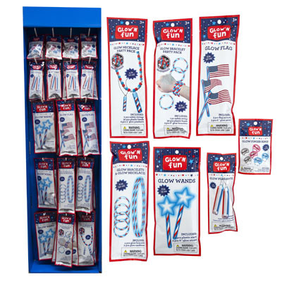 GLOW STICK 102PC PATRIOTIC DISP 7ASST STYLES IN POWER PANEL EA IN FOIL BAG