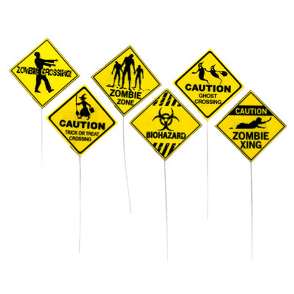 YARD SIGN HALLOWEEN YELLOW WARNING CORRUGATED PLASTIC 6AST 12X12 FACE/28IN L PEGGABLE PB/UPC LAB