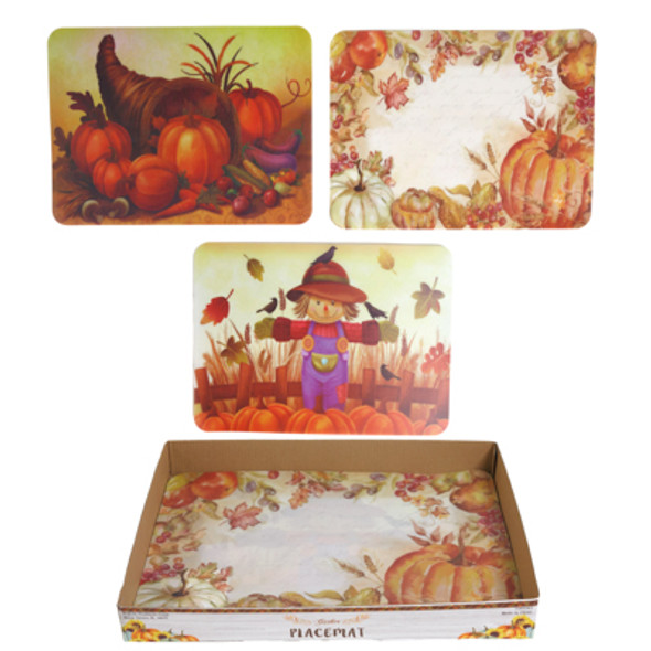 PLACEMAT PLASTIC 3AST HARVEST PRINTS 16X12 IN 36PC PDQ/UPC LBL