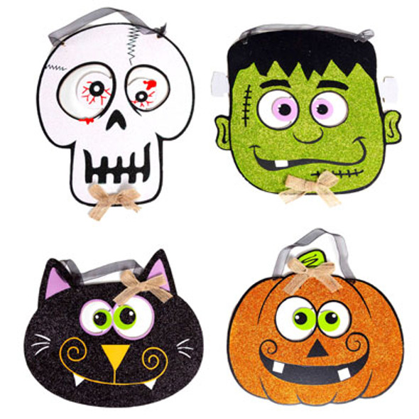 WALL PLAQUE HALLOWEEN MDF 4ASST WHIMSICAL FACES W/GLITTER /RIBBON HANGER MDF COMPLY HLWN LAB