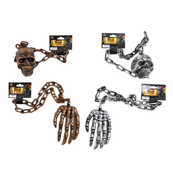 CHAIN W/HAND OR SKULL DANGLE 19-21.5IN SILVER/BRONZE COLORS PIRATE/BARBELL