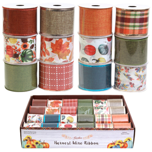 RIBBON WIRE HARVEST 2.5INX3YDS 12 ASSORTED 2X24PC 6 ASST PER COUNTER DISPLAY RIBBON WIRE HARVEST 2.5INX3YDS 12 ASSORTED 2X24PC 6 ASST PER COUNTER DISPLAY