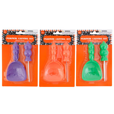 PUMPKIN CARVING KIT 2PC SCOOP/CARVER 3 COLORS MERCH STRIP INCLUDED/NOT PRELOADED