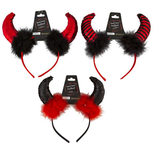 DEVIL HORN HEADBAND DELUXE SEQUINED W/FEATHER TRIM 3ASST COLORS BARBELL CARD