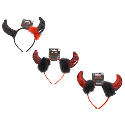 DEVIL HORN HEADBAND DELUXE SEQUINED W/FEATHER TRIM 3ASST COLORS BARBELL CARD
