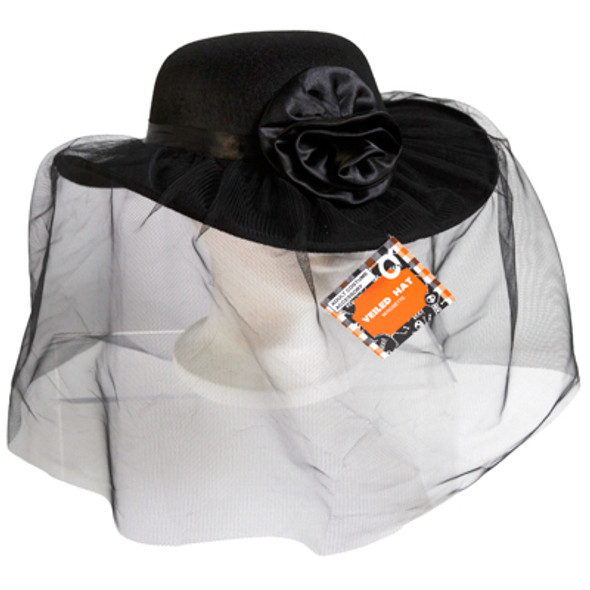 HAT BLACK MOURNERS W/ VEIL& ROSETTE HLWN HANGTAG/J-HOOK