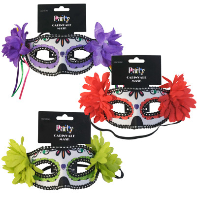 MASK CARNIVALE/ DAY OF DEAD W/POLY FABRIC 3AST W/2FLOWER  EYE ACCENTS ELASTIC BAND/HLWN TCD
