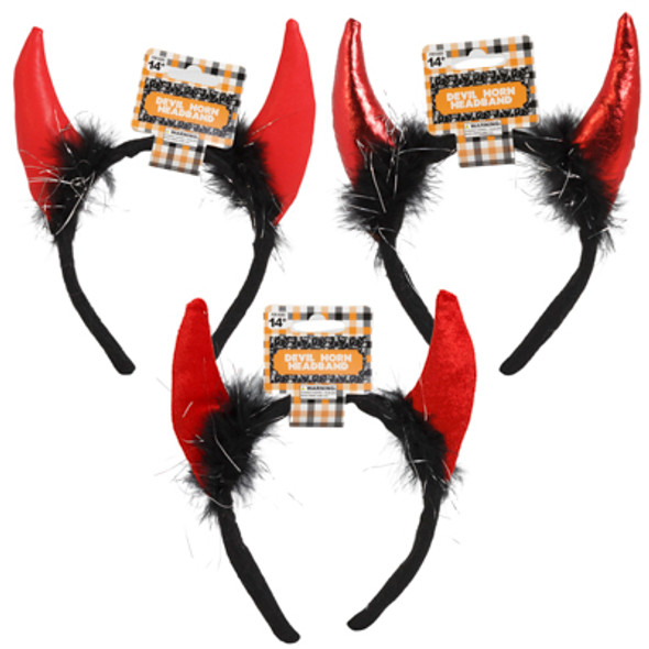 DEVIL HORN HEADBAND 3AST TEXTURE W/FEATHERS & TINSEL PLUSH/SHINY/PLEATHER HLWN BARBELL